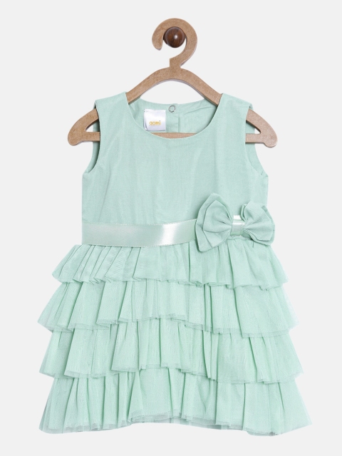 

Aomi Girls Green Solid Net Fit & Flare Dress With Bow