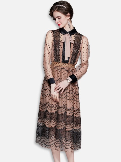 

JC Collection Brown Ethnic Motifs Tie-Up Neck Midi Dress