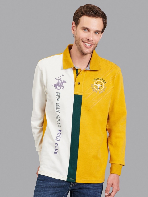 

Beverly Hills Polo Club Men Yellow & White Colourblocked Polo Collar T-shirt