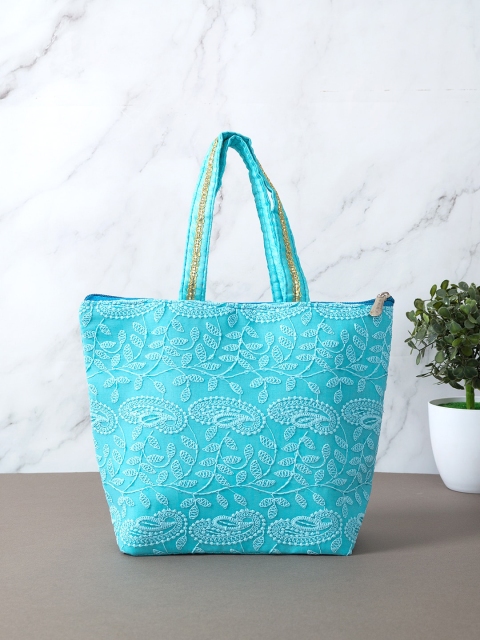 

Golden Peacock Blue Embroidered Shopper Tote Bag