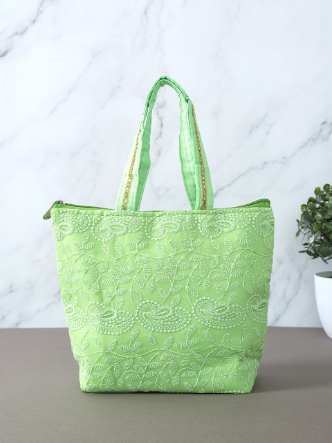 

Golden Peacock Lime Green Embroidered Shopper Tote Bag