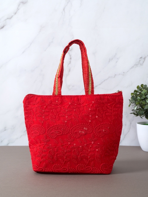 

Golden Peacock Red Embroidered Shopper Tote Bag