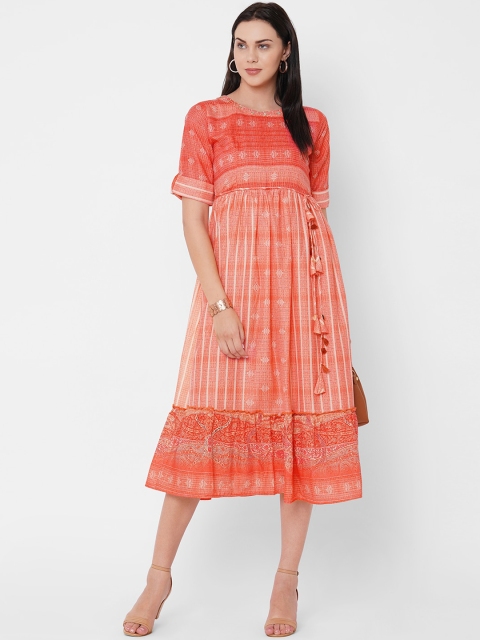 

ZOLA Peach-Coloured Ethnic Motifs Empire Midi Dress