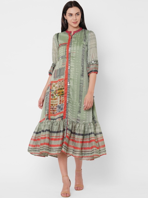 

ZOLA Green Ethnic Motifs A-Line Midi Dress