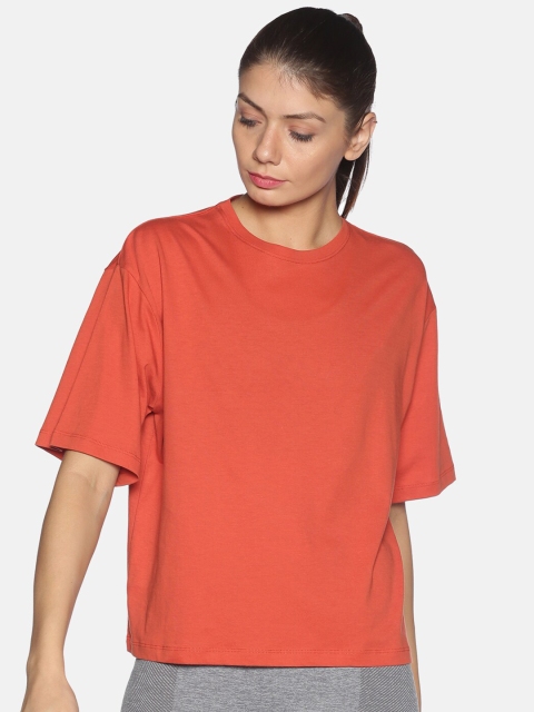 

Soul Space Women Orange Drop-Shoulder Sleeves Raw Edge Boxy T-shirt