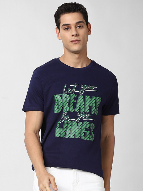 

Peter England Casuals Men Navy Blue & Green Typography Printed Slim Fit Cotton T-shirt