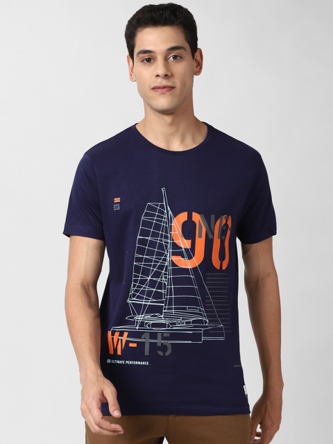 

Peter England Casuals Men Navy Blue Orange Typography Printed Slim Fit Cotton Pure Cotton T-shirt