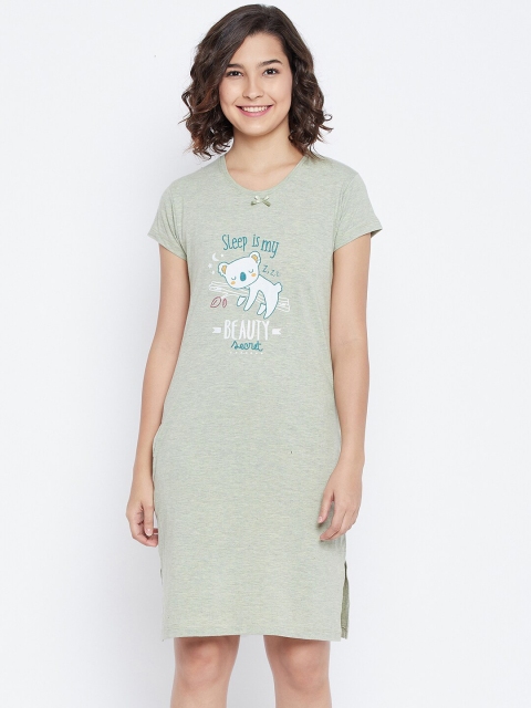 

Austin wood Women Green & White Printed Cotton T-Shirt Nightdress