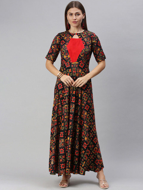

Swishchick Black & Red Ethnic Motifs Keyhole Neck Ethnic Maxi Dress