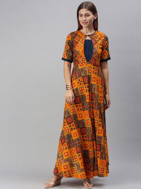 

Swishchick Yellow Ethnic Motifs Keyhole Neck Ethnic Maxi Dress