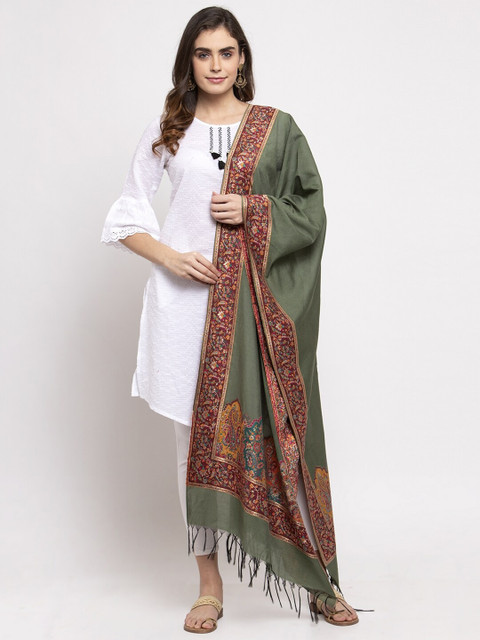 

Safaa Olive Green & Peach-Coloured Woven Design Cotton Silk Dupatta