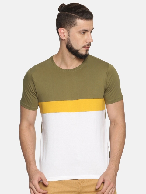 

IVOC Men Olive Green White Colourblocked Cotton Pure Cotton T-shirt