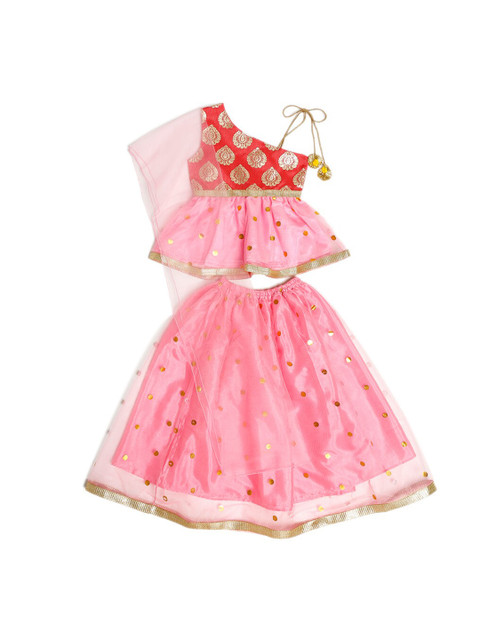 

ruviero Girls Pink & Gold Foil Printed Ready To Wear Blouse Lehenga With Dupatta