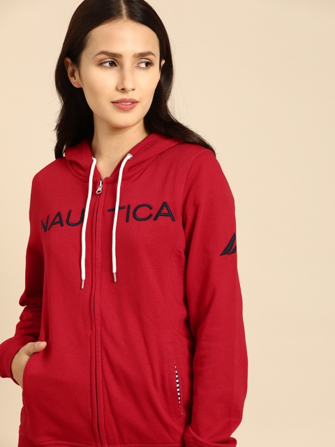 

Nautica Women Striped Hooded Solid Red Sweatshirt