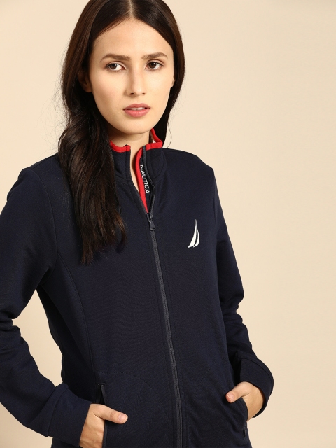 

Nautica Women Navy Blue Hooded Red Striped Mock Collared Side Logo Solid Sweatshirt