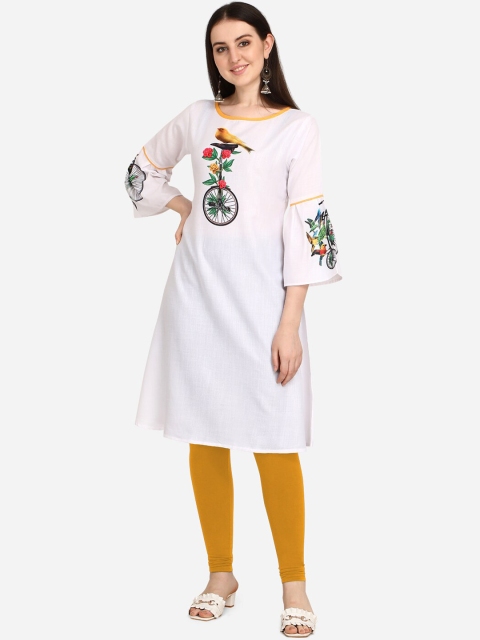 

OM SAI LATEST CREATION Women White & Green Floral Printed Flared Sleeves Kurta