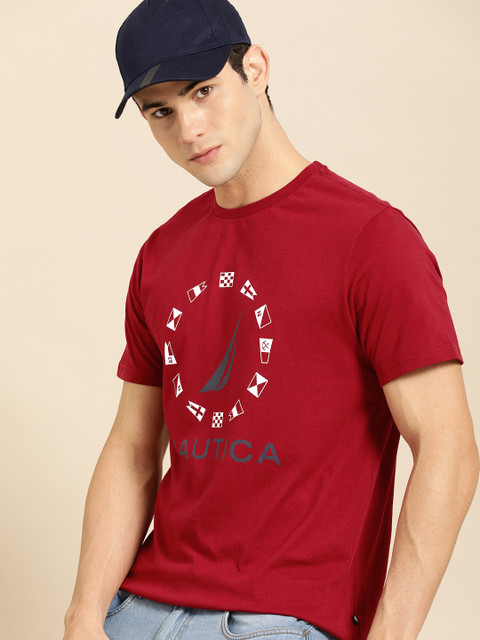 

Nautica Men Red Brand Logo Printed Round Neck Pure Cotton T-shirt