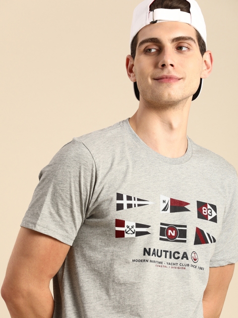 

Nautica Men Grey Brand Logo Printed Regular Fit Round-Neck Casual T-shirt