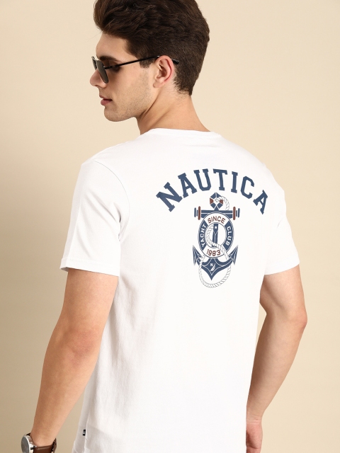 

Nautica Men White Brand Logo Back Print Round Neck Regular Sleeves Pure Cotton T-shirt