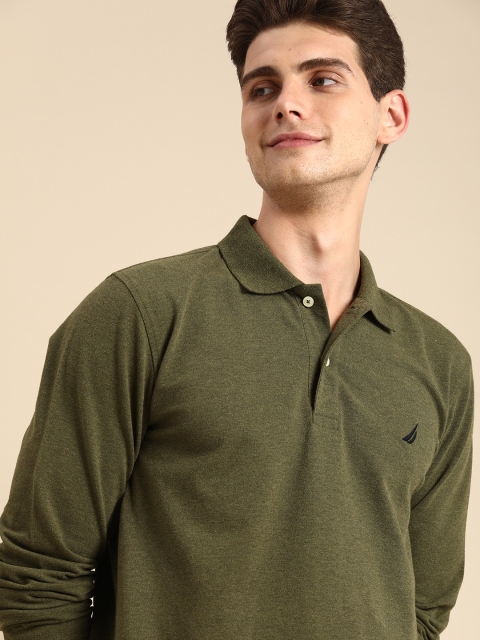 

Nautica Men Olive Green Self-Designed Polo Collar Regular Fit Casual T-shirt