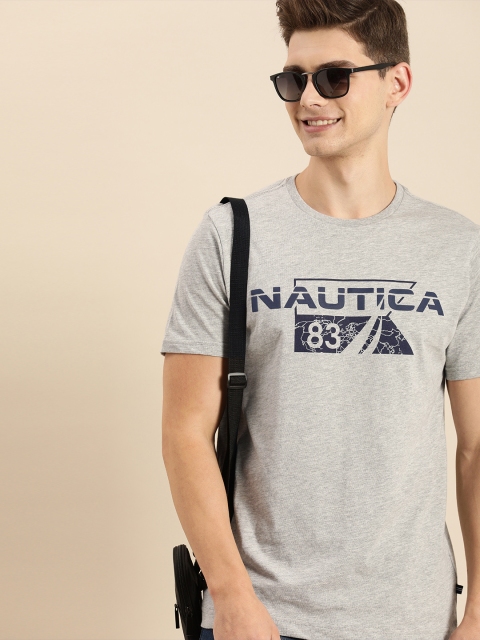 

Nautica Men Grey Melange Brand Logo Printed T-shirt