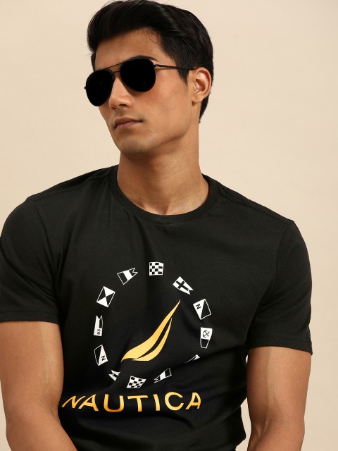 

Nautica Men Black Brand Logo Printed Pure Cotton T-shirt