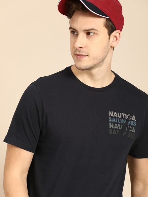 

Nautica Men Navy Blue Brand Logo Printed Pure Cotton T-shirt