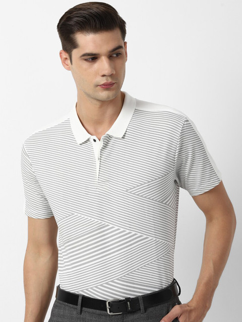 

Louis Philippe Sport Men White & Grey Striped Polo Collar Slim Fit Cotton T-shirt