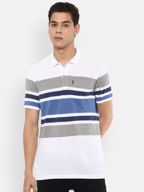 

Louis Philippe Sport Men White & Blue Striped Polo Collar Pockets Slim Fit Cotton T-shirt