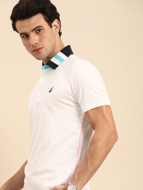 

Nautica Men White Solid Contrast Polo Collar Pure Cotton T-shirt