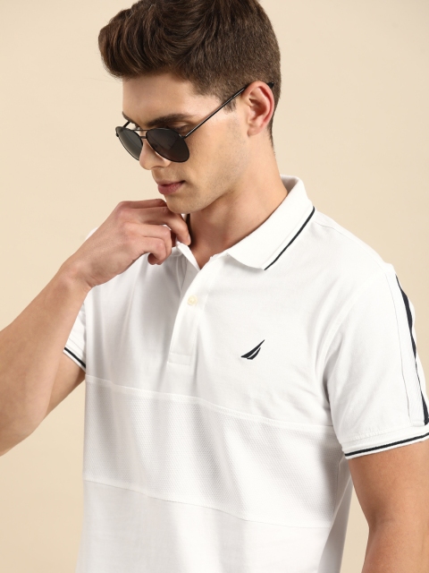 

Nautica Men White Solid Polo Collar Embroidered Pure Cotton T-shirt with Shoulder Taping