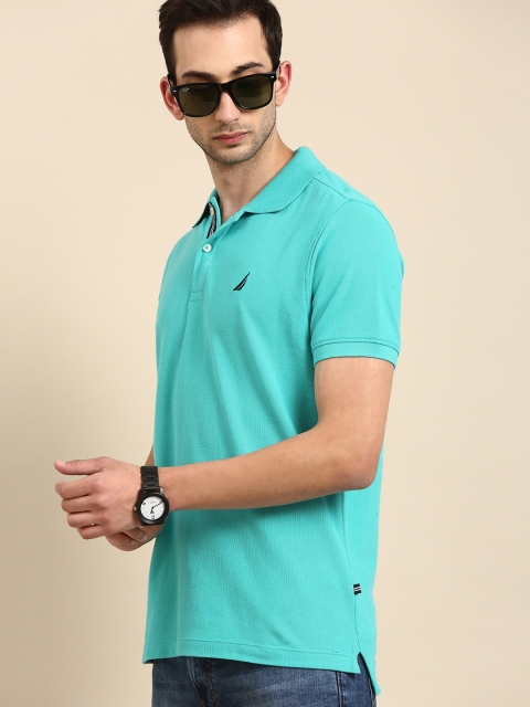 

Nautica Men Green Solid Slim Fit Pure Cotton Polo Collar Pure Cotton T-shirt