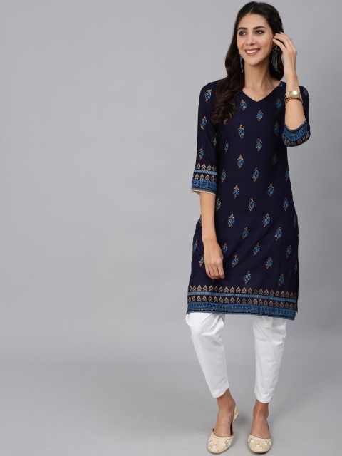 

AASI - HOUSE OF NAYO Women Navy Blue Ethnic Motifs Printed Kurta