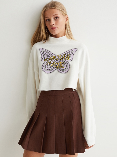 

H&M Women White & Silver Printed Cropped Sweatshirt