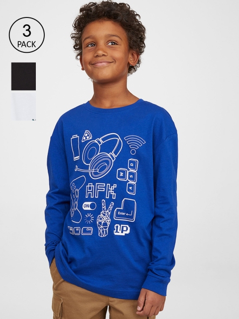 

H&M Boys Pack Of 3 White & Blue Typography Printed Pure Cotton Jersey Tops