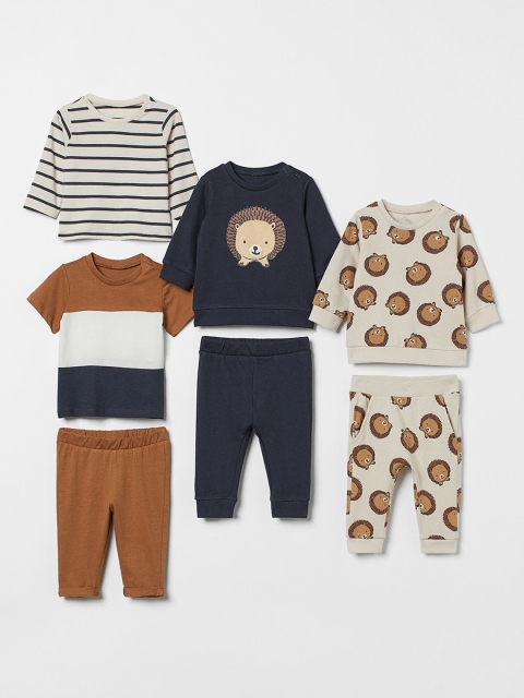 

H&M Boys Pack Of 7 Printed Pure Cotton T-Shirt & Trousers Set, Blue