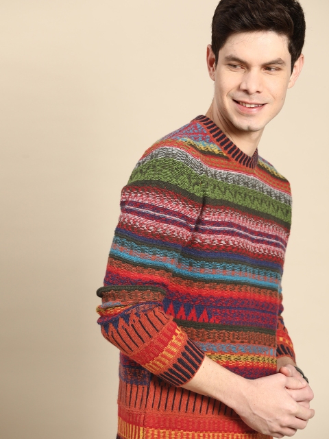 

United Colors of Benetton Men Rust Brown & Blue Striped Pullover Sweater
