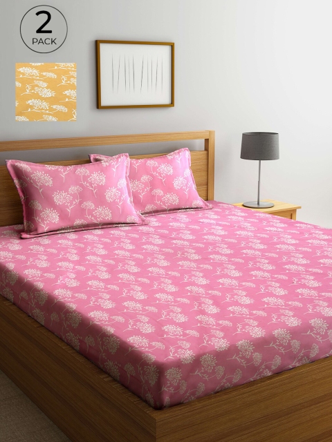 

Arrabi Pink & Yellow Floral 300 TC 2 King Bedsheet with 4 Pillow Covers