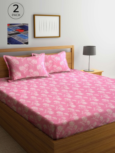 

Arrabi Pink & Blue Floral 300 TC 2 King Bedsheet with 4 Pillow Covers