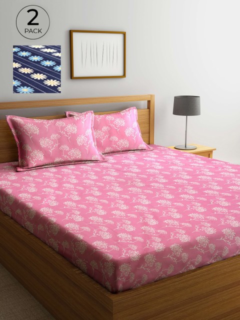 

Arrabi Pink & Navy Blue Floral 300 TC 2 King Bedsheet with 4 Pillow Covers