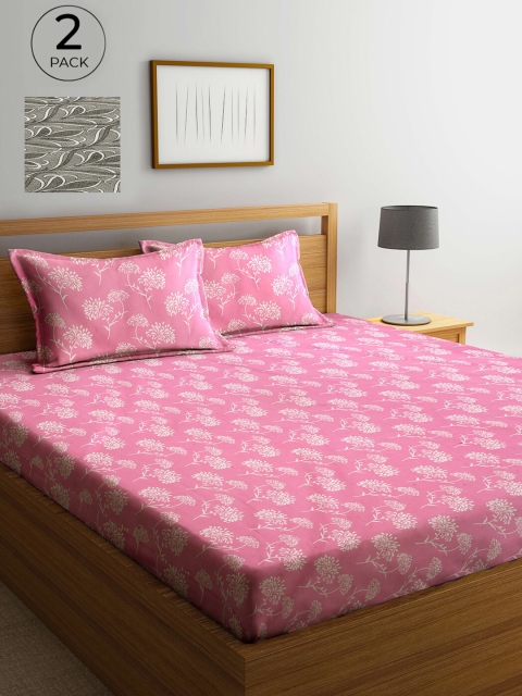 

Arrabi Pink & Grey Floral 300 TC 2 King Bedsheet with 4 Pillow Covers
