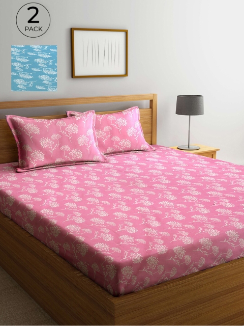 

Arrabi Pink & Blue Floral 300 TC 2 King Bedsheet with 4 Pillow Covers