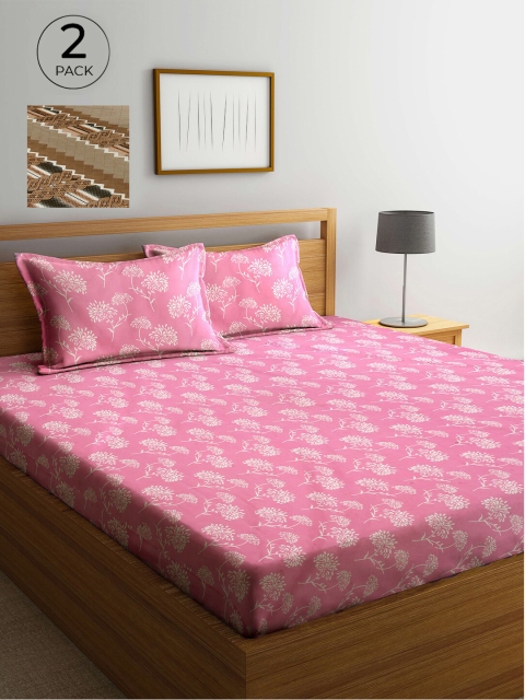

Arrabi Pink & Brown Floral 300 TC 2 King Bedsheet with 4 Pillow Covers