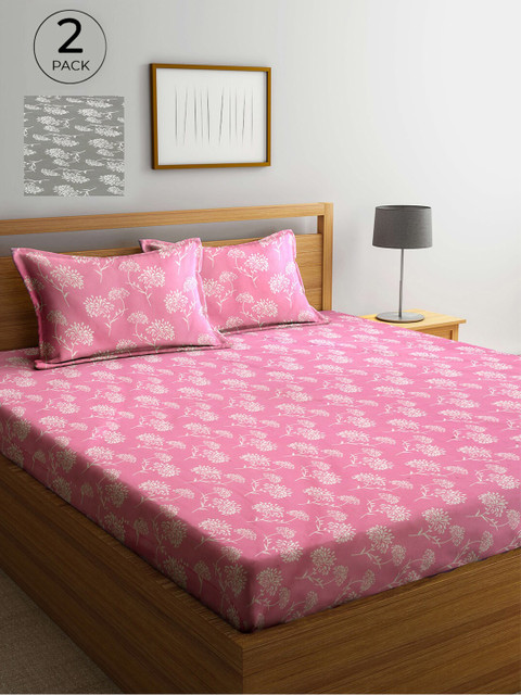 

Arrabi Pink & Grey Floral 300 TC 2 King Bedsheet with 4 Pillow Covers