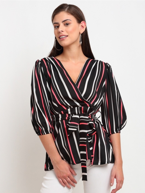 

emeros Black Striped Crepe Wrap Top