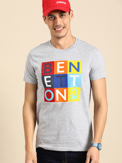 

United Colors of Benetton Men Grey Melange Pure Cotton Brand Logo Print Pure Cotton T-shirt