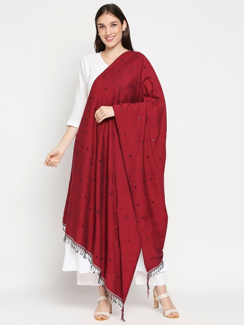 

Orbbaan Women Maroon & Black Woven Design Pure Cotton Dupatta with Mirror Work
