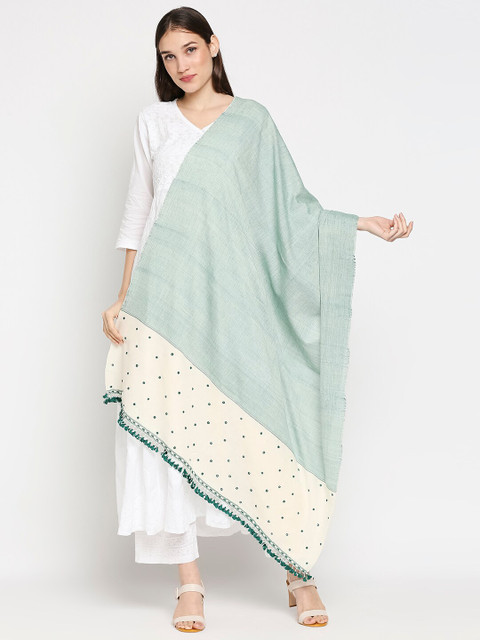 

Orbbaan Women Off White & Green Embroidered Pure Cotton Dupatta with Mirror Work