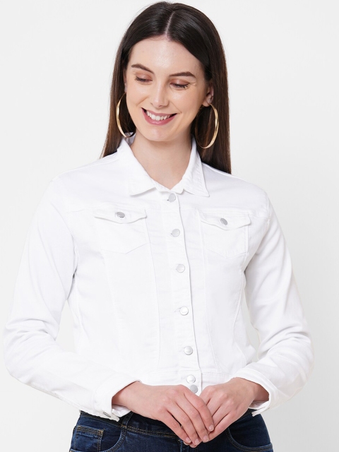 

Kraus Jeans Women White Striped Crop Denim Jacket with Patchwork