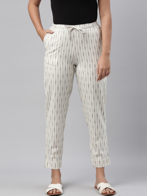 

Go Colors Women Off White & Black Striped Linen Cigerette Trousers